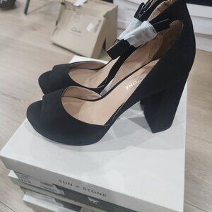 Sun + Stone Reemaaf Black Open Toe Chunky Heel Sandals Womens Dress Shoes